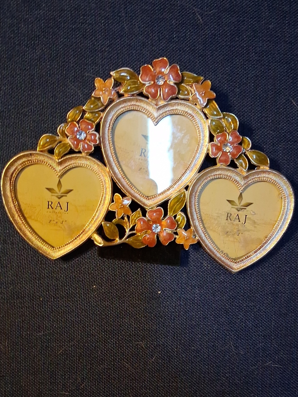 Vintage 1990's Raj Gold Heart Floral 3 Picture Frame with Pink and Green Accents